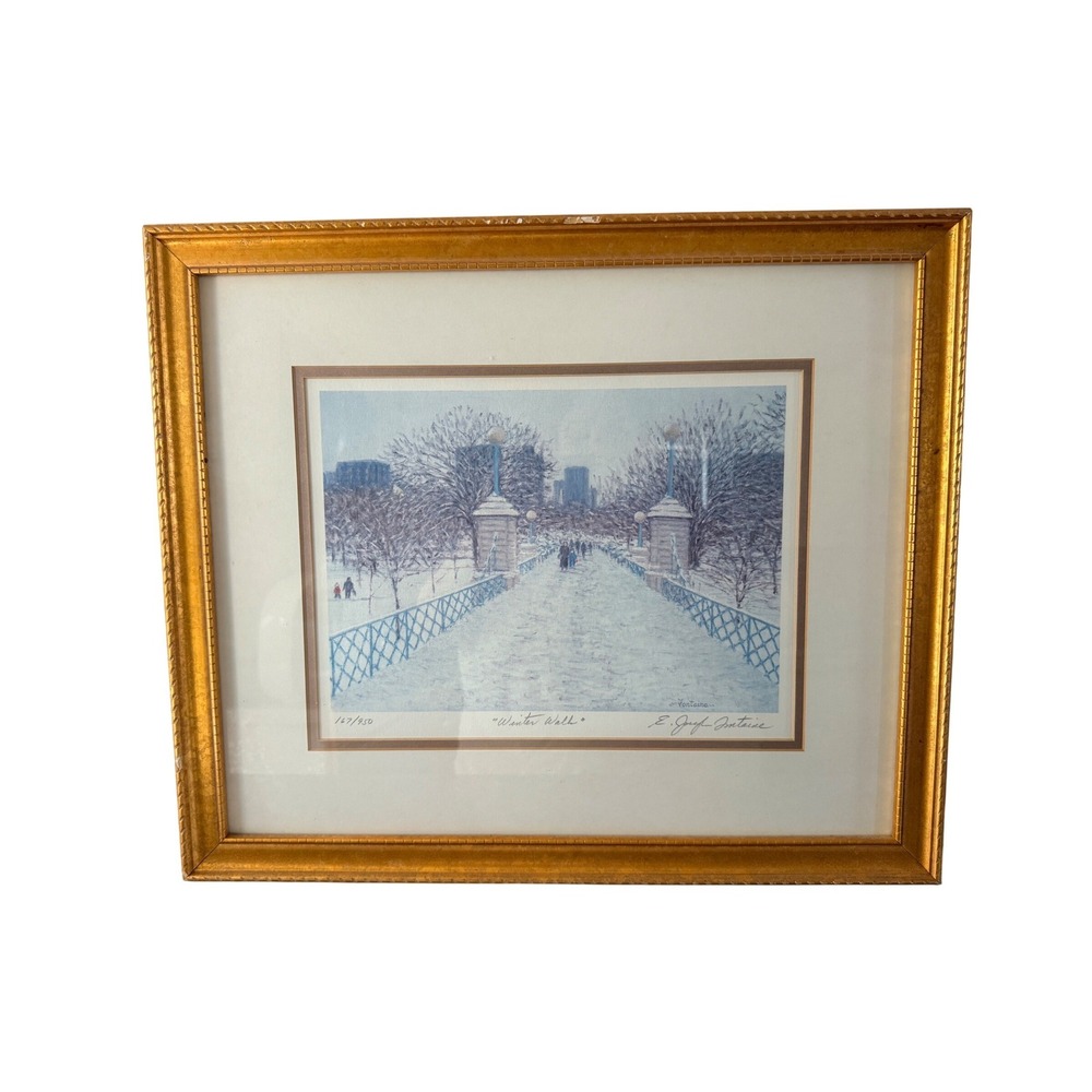 E. Joseph Fontaine Winter Walk Signed Numbered Lithograph Art Gold Frame Blue